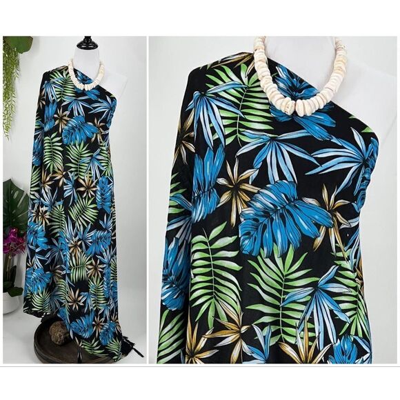 Black/Green/Blue Tropical Floral Palm MAXI SARONG Kīkepa Pareo Beach Wrap Skirt - Picture 3 of 5